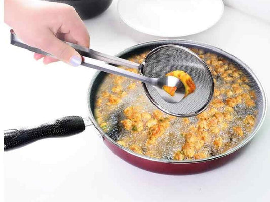 2 in 1 Fry Tool Filter Spoon Strainer With Clip,Oil Frying BBQ Filter Stainless Steel Kitchen Tool.